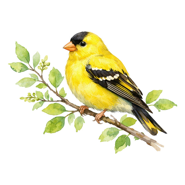 Yellow bird with black wings perched on a branch with green leaves fabric panel