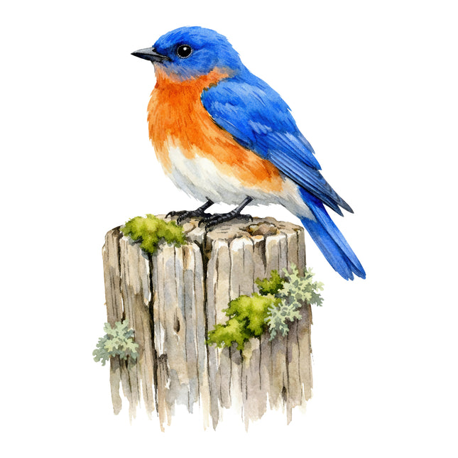 Bluebird perched on a wooden stump quilt panel
