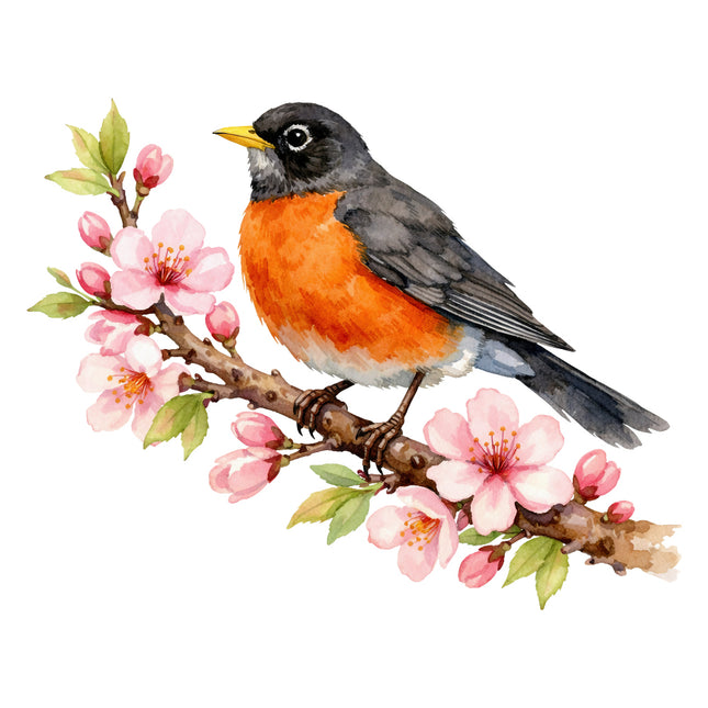 robin bird perched on a branch with pink flowers fabric panel