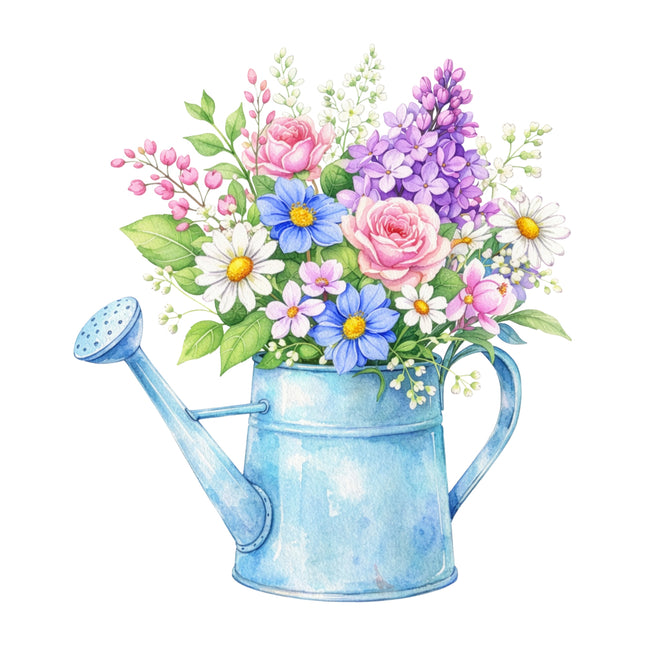 Blue watering can with colorful flowers fabric panel