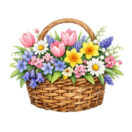 Wicker basket filled with a colorful arrangement of flowers quilt block