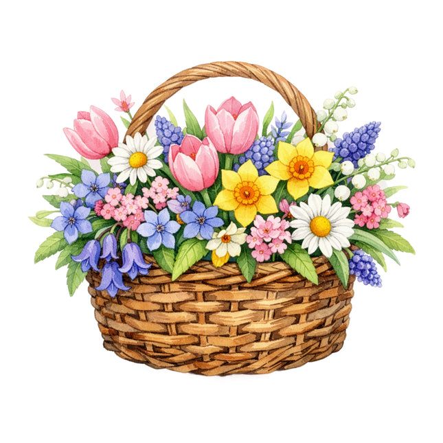 Wicker basket filled with a colorful arrangement of flowers quilt block