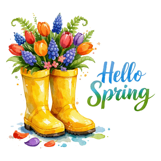 Yellow rain boots with a bouquet of spring flowers and 'Hello Spring' fabric panel