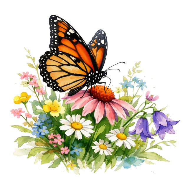 Butterfly on a colorful flower arrangement fabric panel