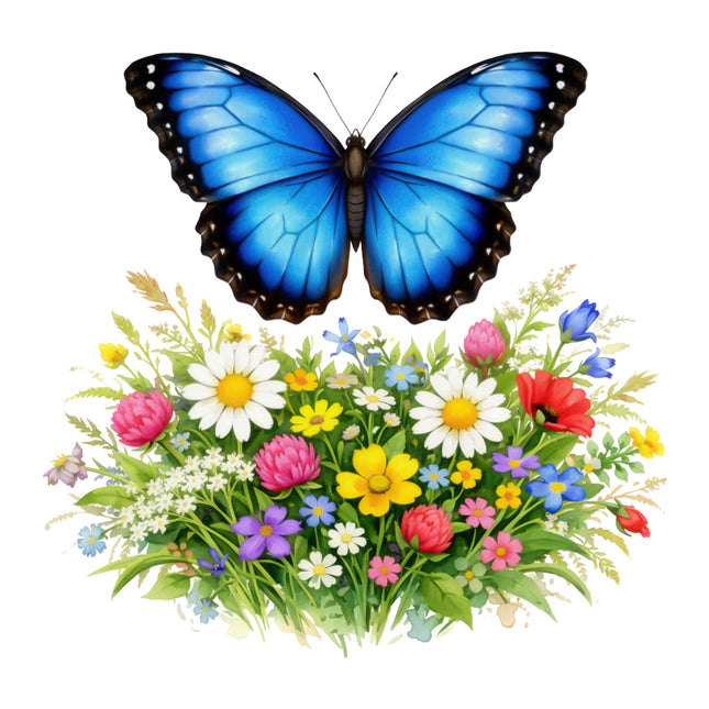 Blue butterfly on a colorful bouquet of flowers fabric panel