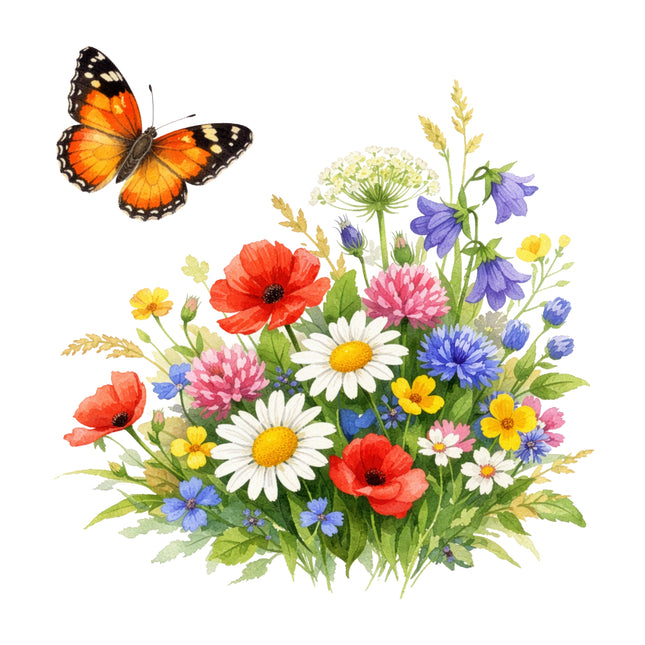 Colorful bouquet of flowers with a butterfly fabric panel