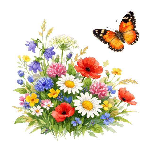 Colorful bouquet of flowers with a butterfly fabric panel