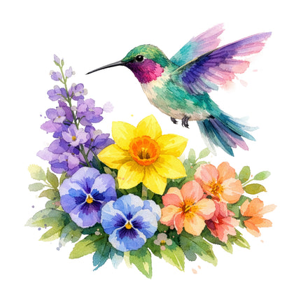 Colorful hummingbird perched on a bouquet of flowers quilt block