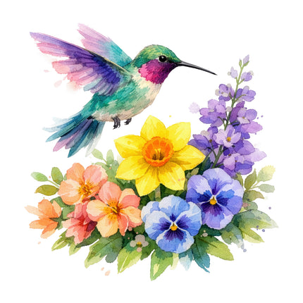 hummingbird surrounded by flowers fabric panel