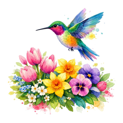 Colorful hummingbird and flowers quilt panel