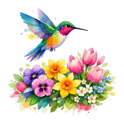 Colorful hummingbird and flowers fabric panel