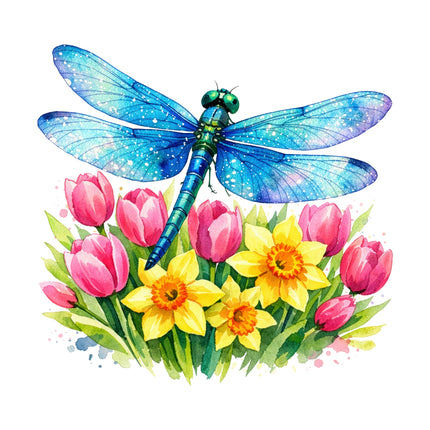 Colorful dragonfly and flowers quilt block
