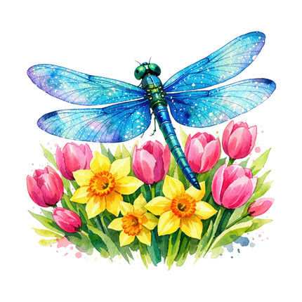 Colorful dragonfly and flowers fabric panel