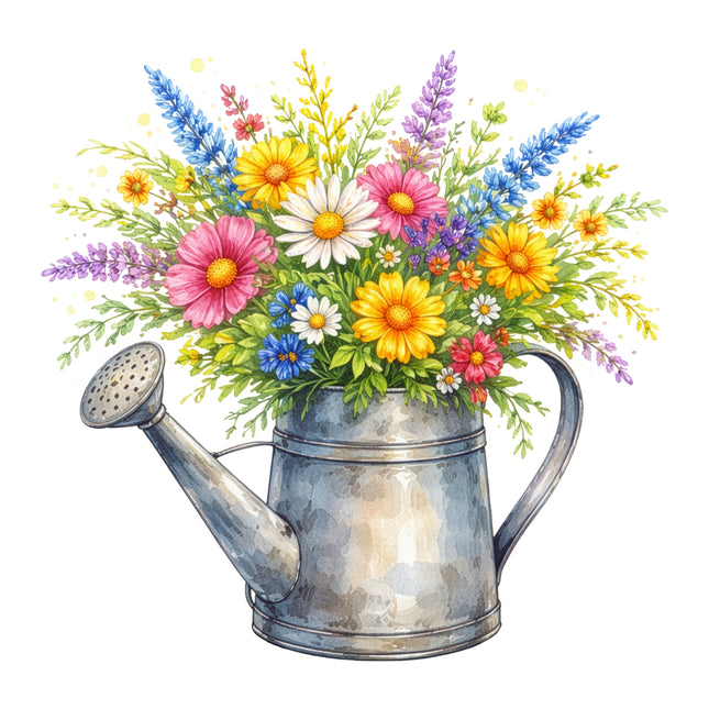 Metal watering can filled with colorful flowers quilt block