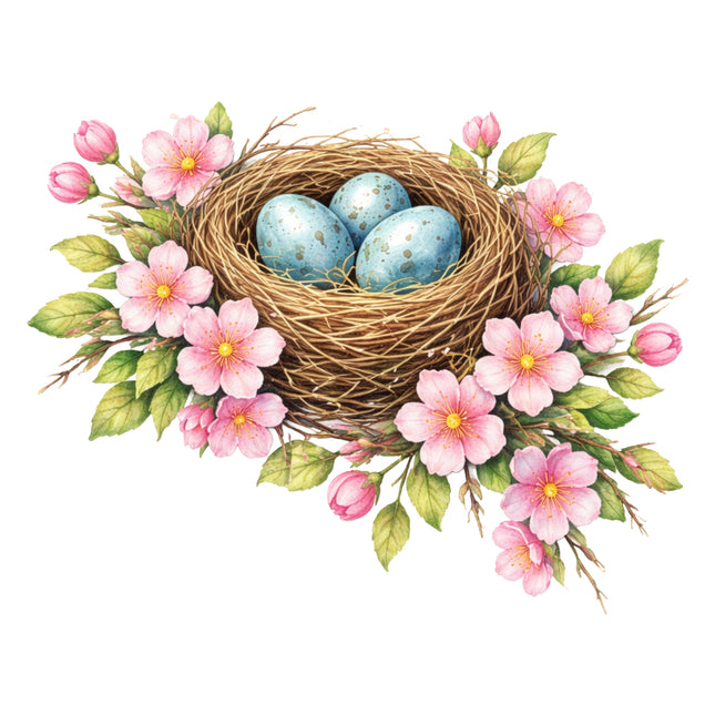 Nest with blue eggs surrounded by pink flowers fabric panel