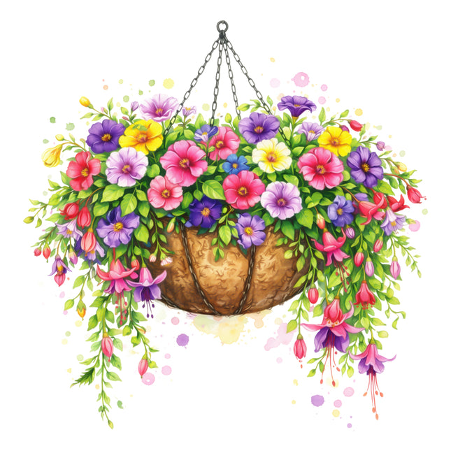 Colorful hanging flower basket with various flowers fabric panel