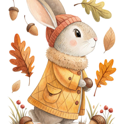 rabbit in an autumn setting with leaves and acorns fabric panel