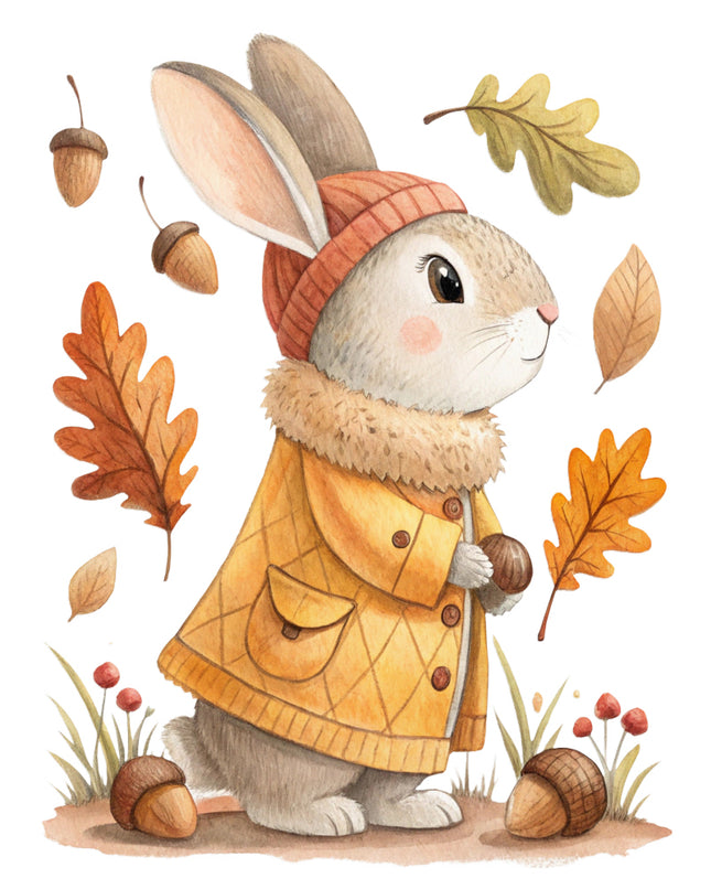 rabbit in an autumn setting with leaves and acorns fabric panel