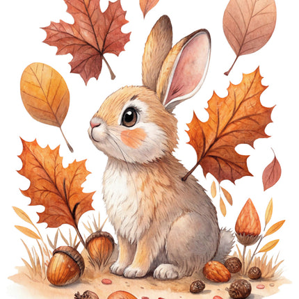 rabbit surrounded by autumn leaves and acorns cotton fabric panel for sewing and quilting