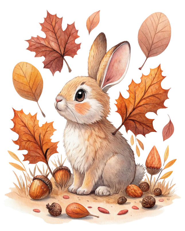 rabbit surrounded by autumn leaves and acorns cotton fabric panel for sewing and quilting