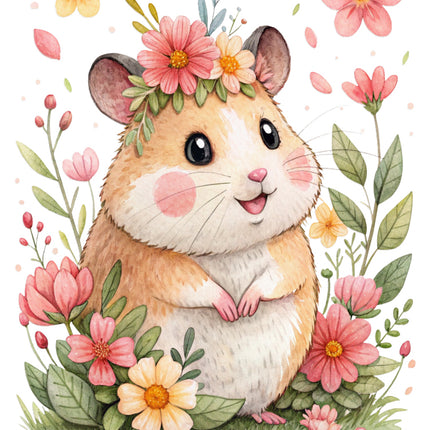 hamster surrounded by pink flowers quilt block