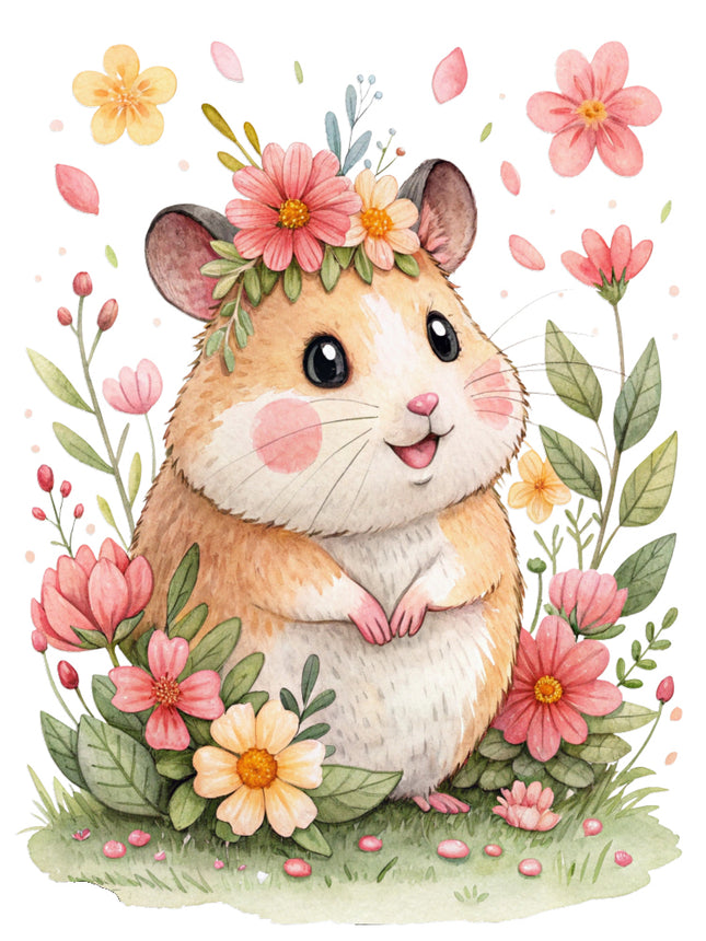 hamster surrounded by pink flowers quilt block