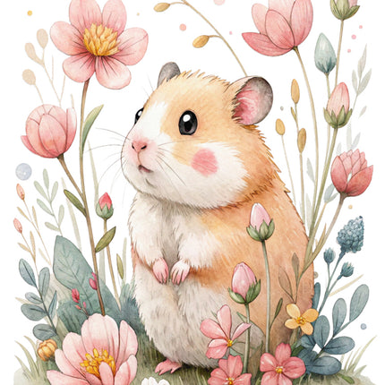 hamster surrounded by pink flowers fabric panel