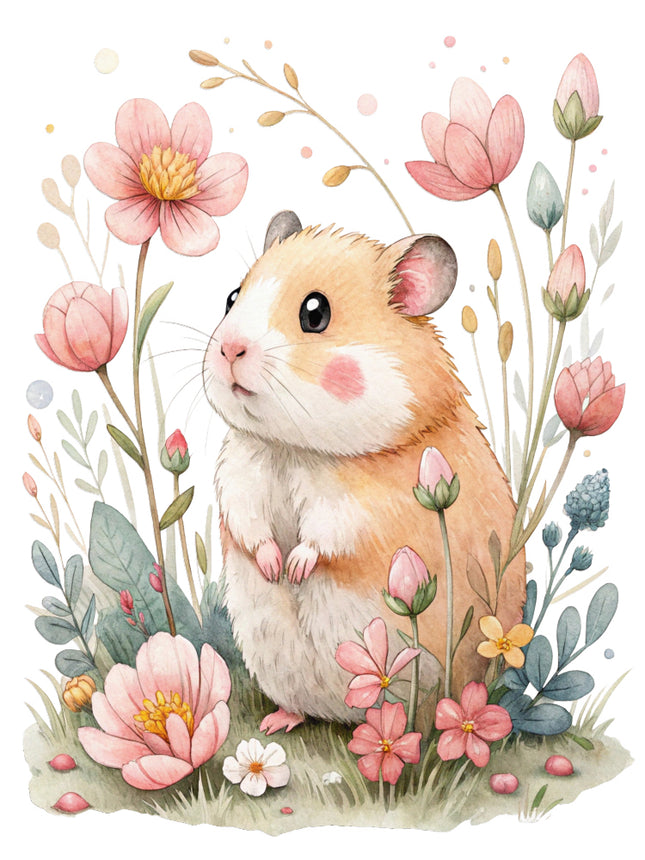 hamster surrounded by pink flowers fabric panel