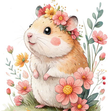 hamster surrounded by pink flowers fabric panel