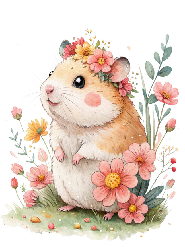 hamster surrounded by pink flowers fabric panel