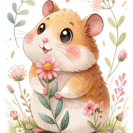 hamster surrounded by pink flowers fabric panel
