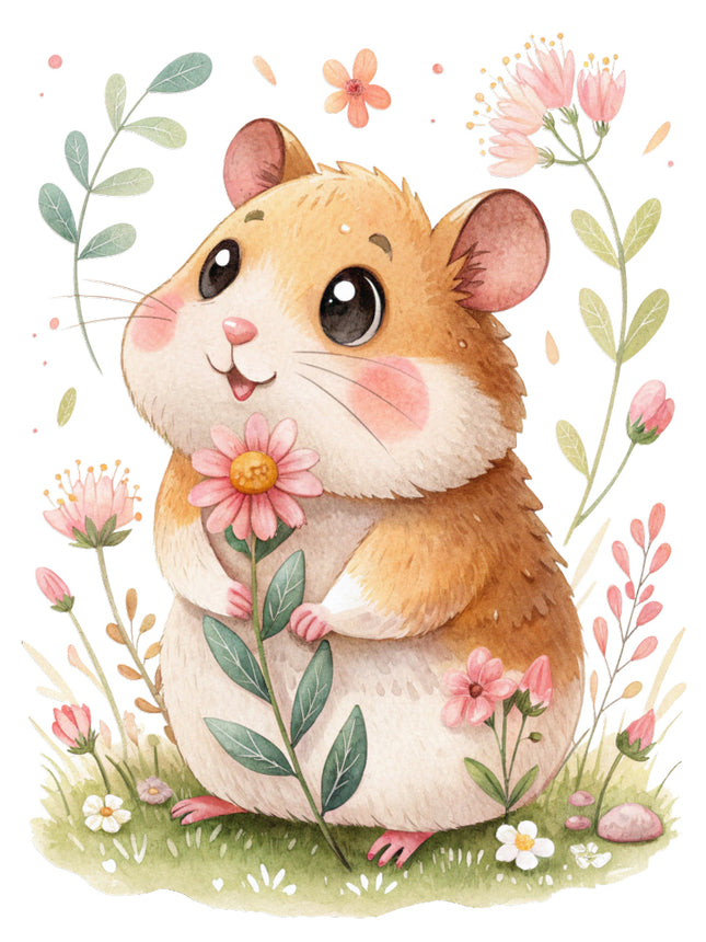 hamster surrounded by pink flowers fabric panel