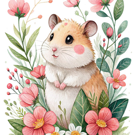 hamster surrounded by pink flowers fabric panel