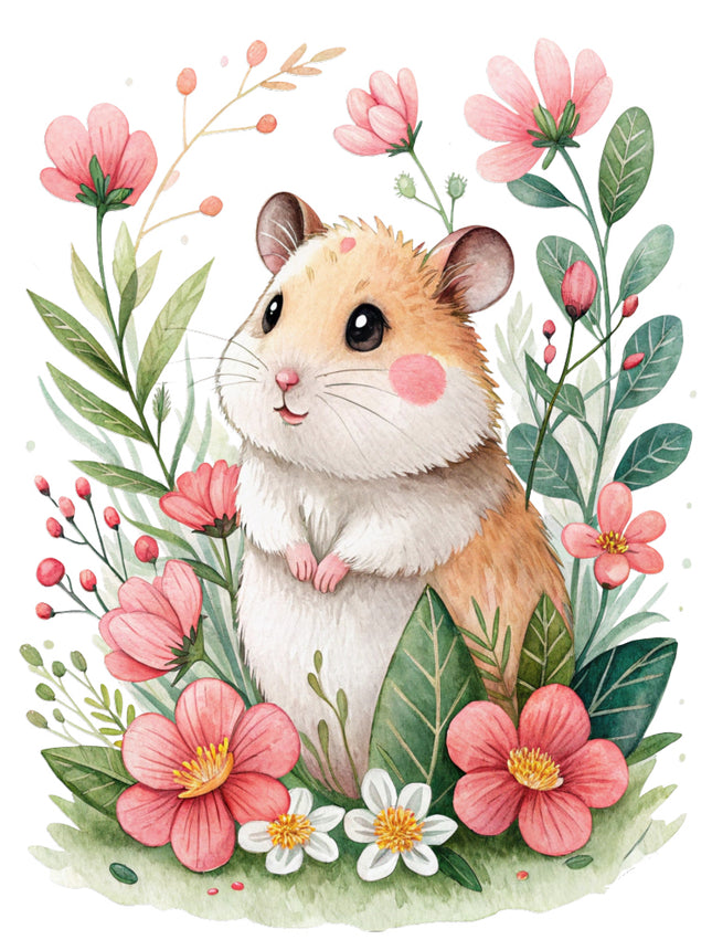 hamster surrounded by pink flowers fabric panel