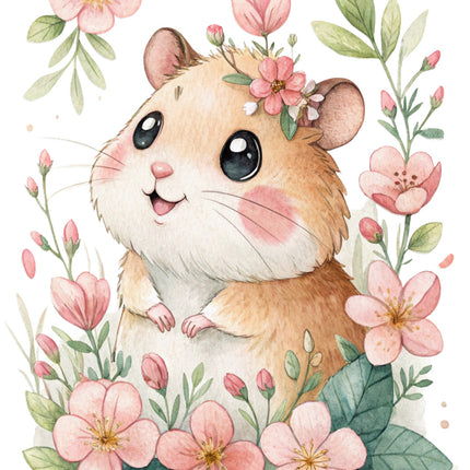 hamster surrounded by pink flowers fabric panel