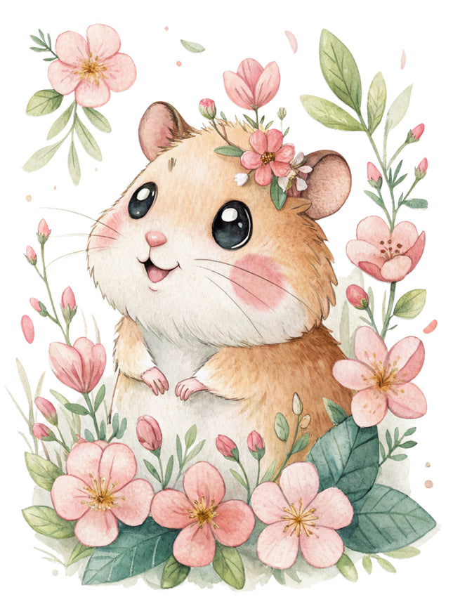 hamster surrounded by pink flowers fabric panel