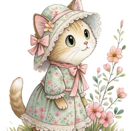 cat in a dress and bonnet fabric panel