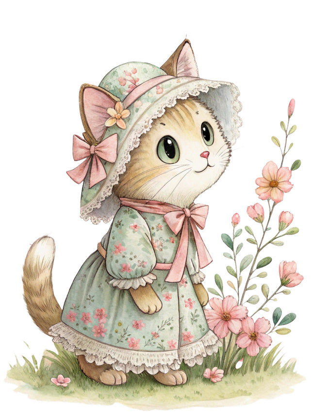 cat in a dress and bonnet fabric panel