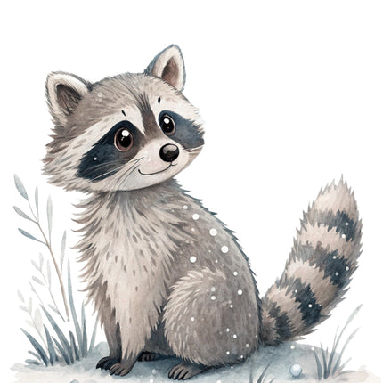 raccoon in a snowy landscape fabric panel