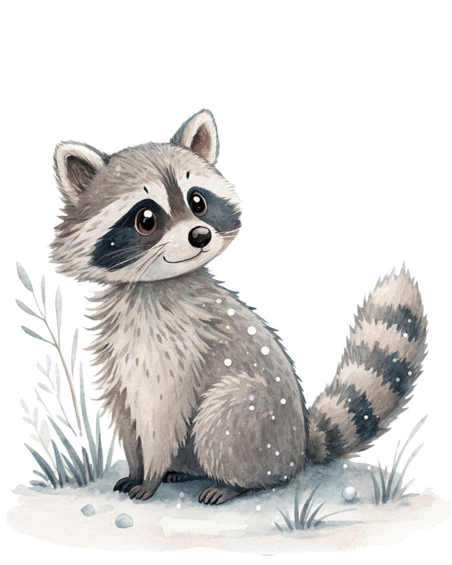raccoon in a snowy landscape fabric panel