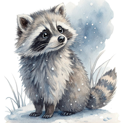 raccoon in a snowy landscape fabric panel