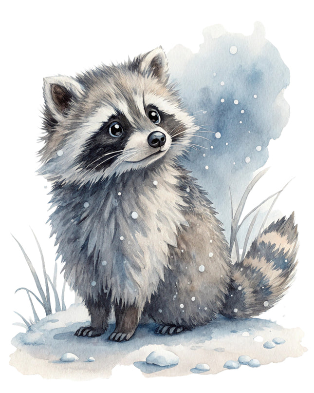 raccoon in a snowy landscape fabric panel