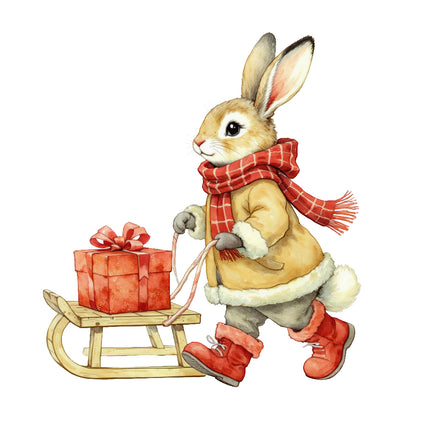 rabbit with a red scarf, gloves, and boots pulling a sled with a gift box fabric panel