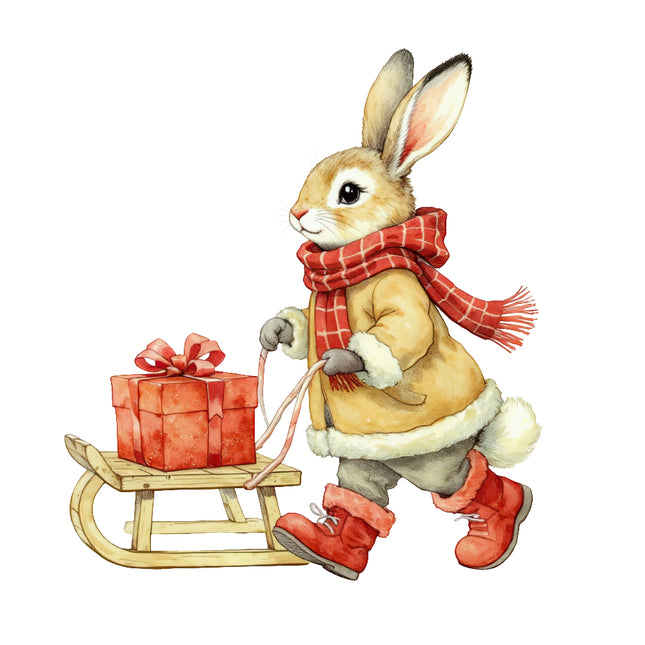 rabbit with a red scarf, gloves, and boots pulling a sled with a gift box fabric panel