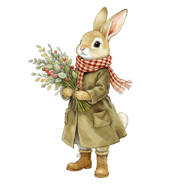 rabbit wearing a coat and scarf, holding a bouquet of flowers fabric panel