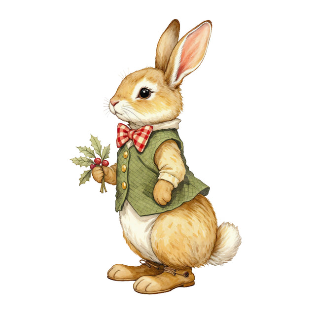 rabbit wearing a green jacket and red bow tie fabric panel