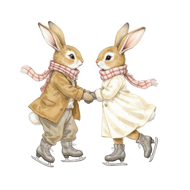 Two rabbits in winter clothing skating on ice, holding hands fabric panel