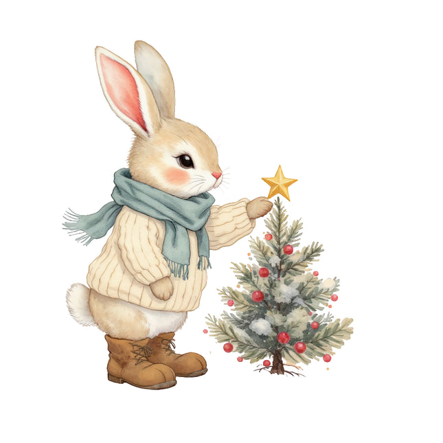 rabbit decorating a Christmas tree with a star fabric panel