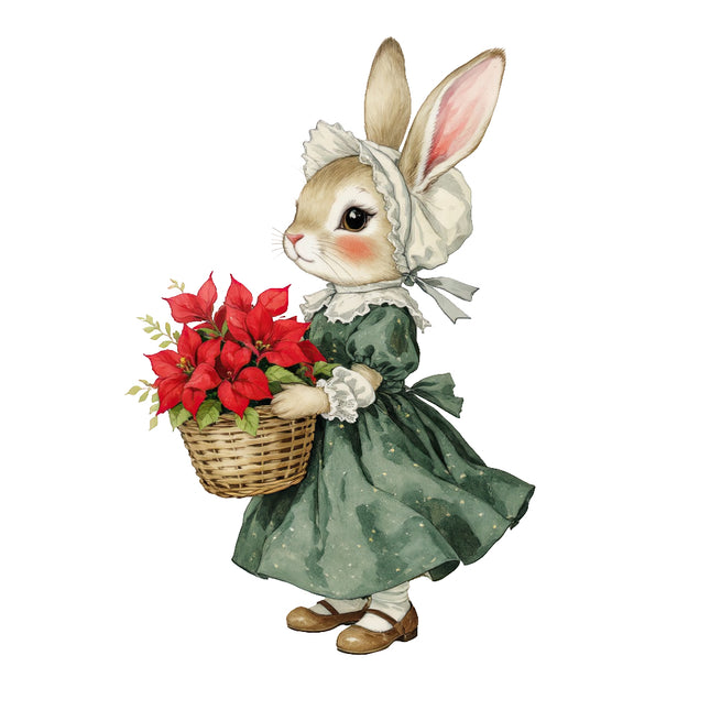 rabbit in a green dress holding poinsettias fabric panel