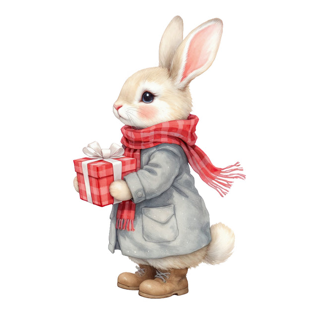 rabbit wearing a gray coat and red scarf, holding a gift box quilt block